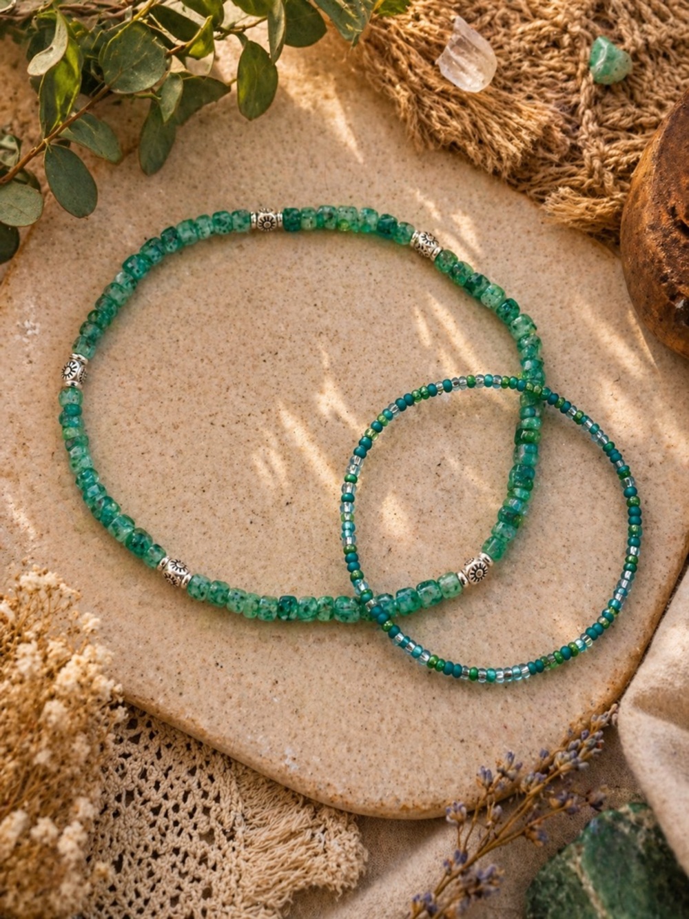 Earthy Hippie Beaded Choker & Anklet Set | Green Boho Jewelry Duo 11” - Picture 5 of 6